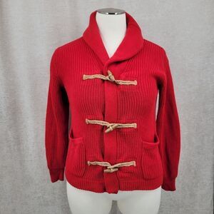 Polo Ralph Lauren Red Cotton Knit Wooden Toggle Women Sweater Shawl Collar